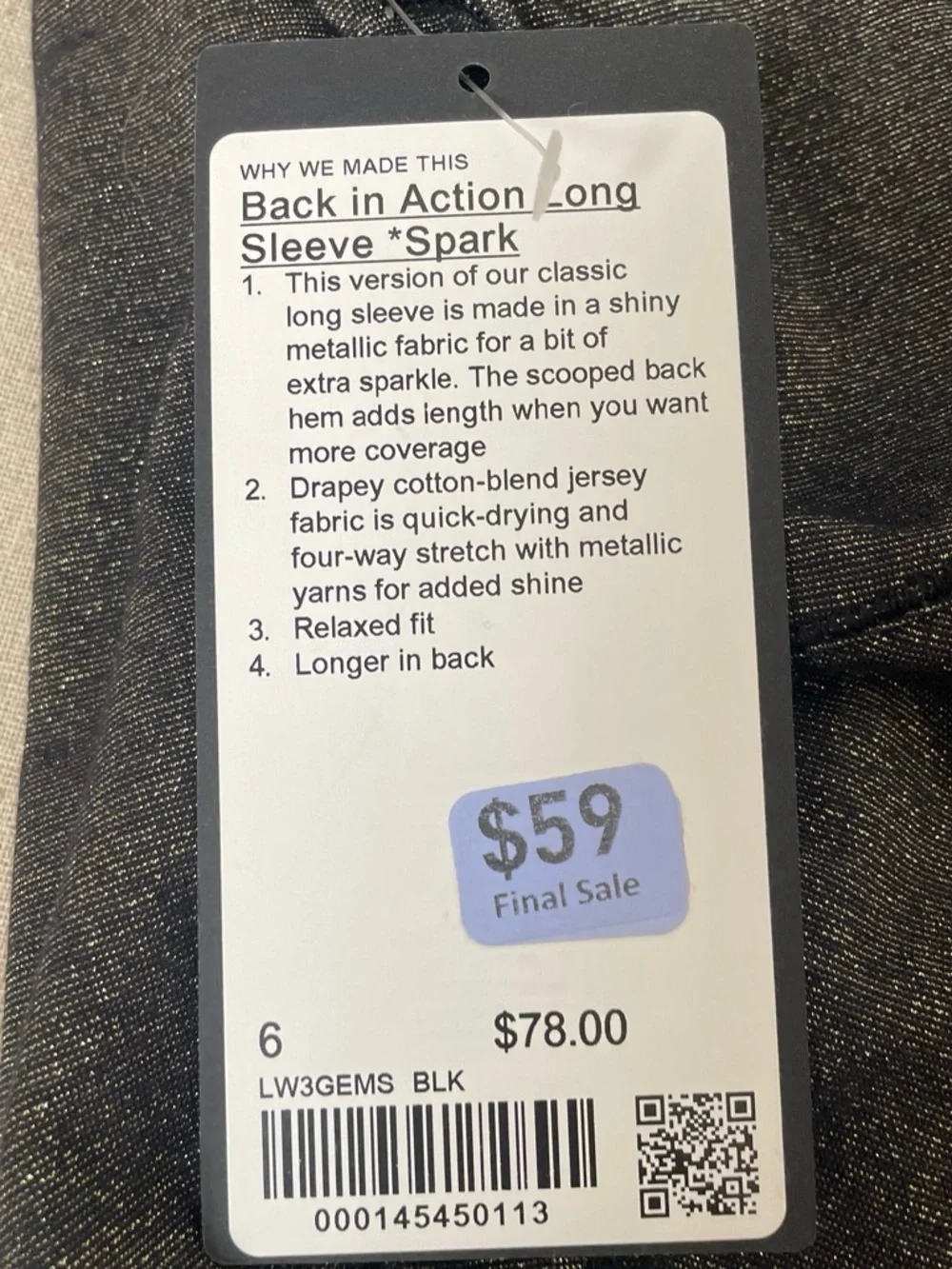 lululemon athletica Black Metallic Long-Sleeve Top